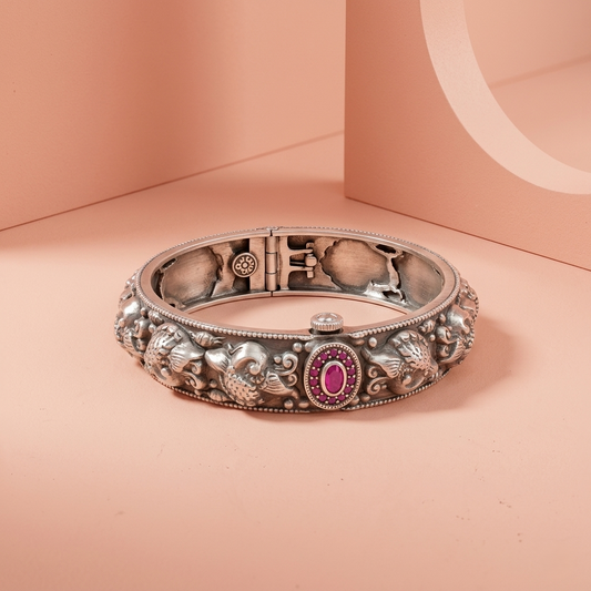 Antique Oxidized Silver Ruby Floral Kada