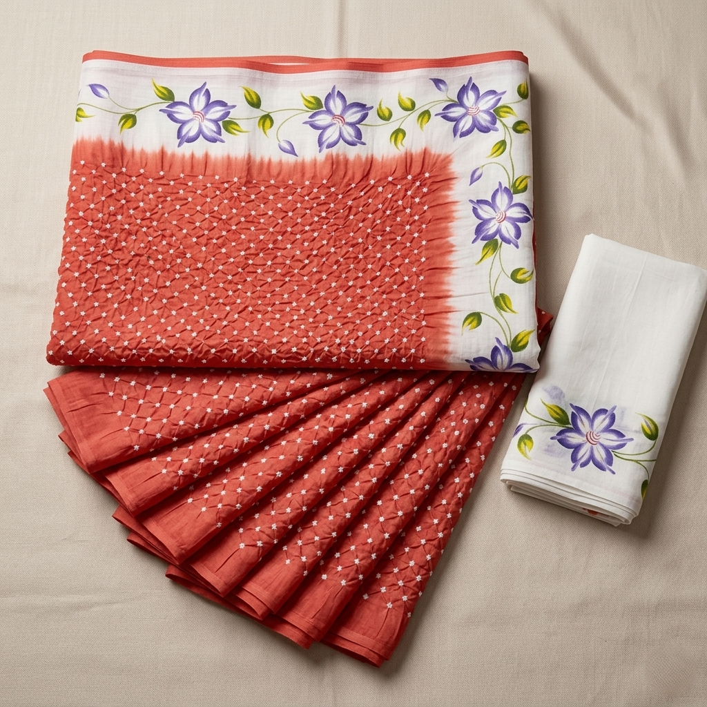 Hand-Painted Floral Bandhani Fusion Silk Saree