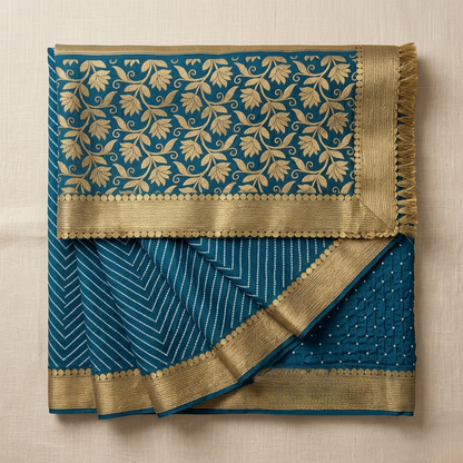 Navy Leheriya Saree With Zari Border