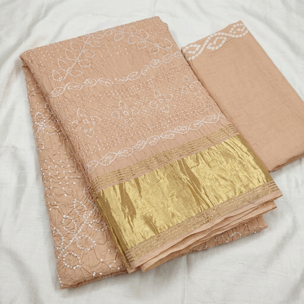 Peach Bandhani Silk Saree Gold Border