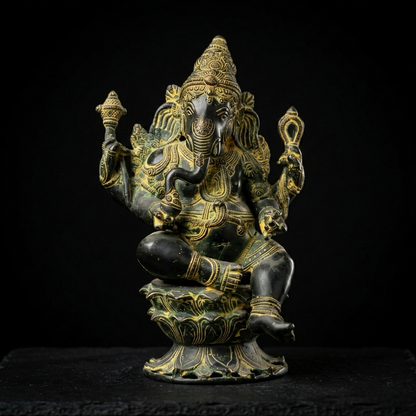 Ornate Antique Finish Brass Sitting Ganesha