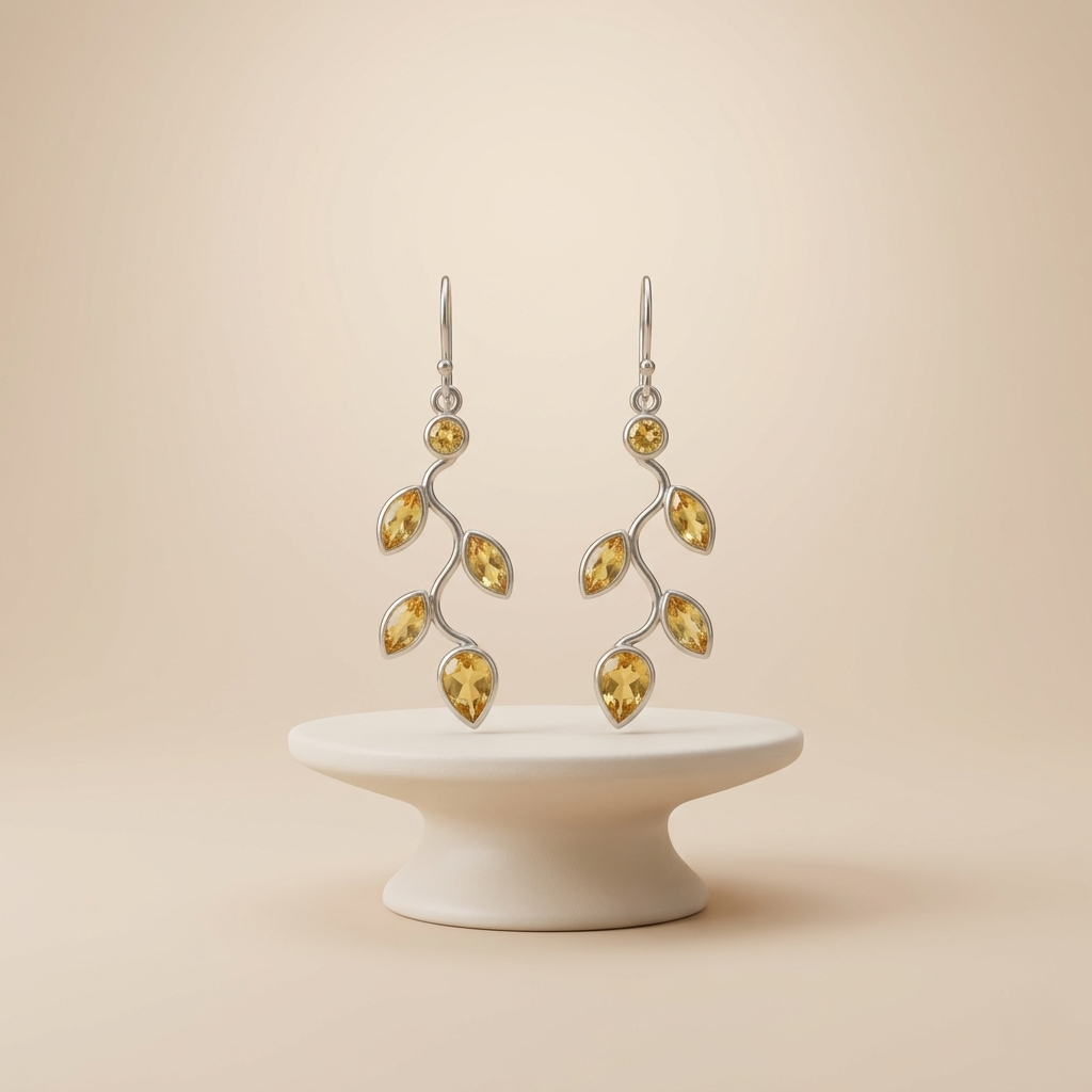 Nature's Grace: Silver Gemstone Leaf Earrings