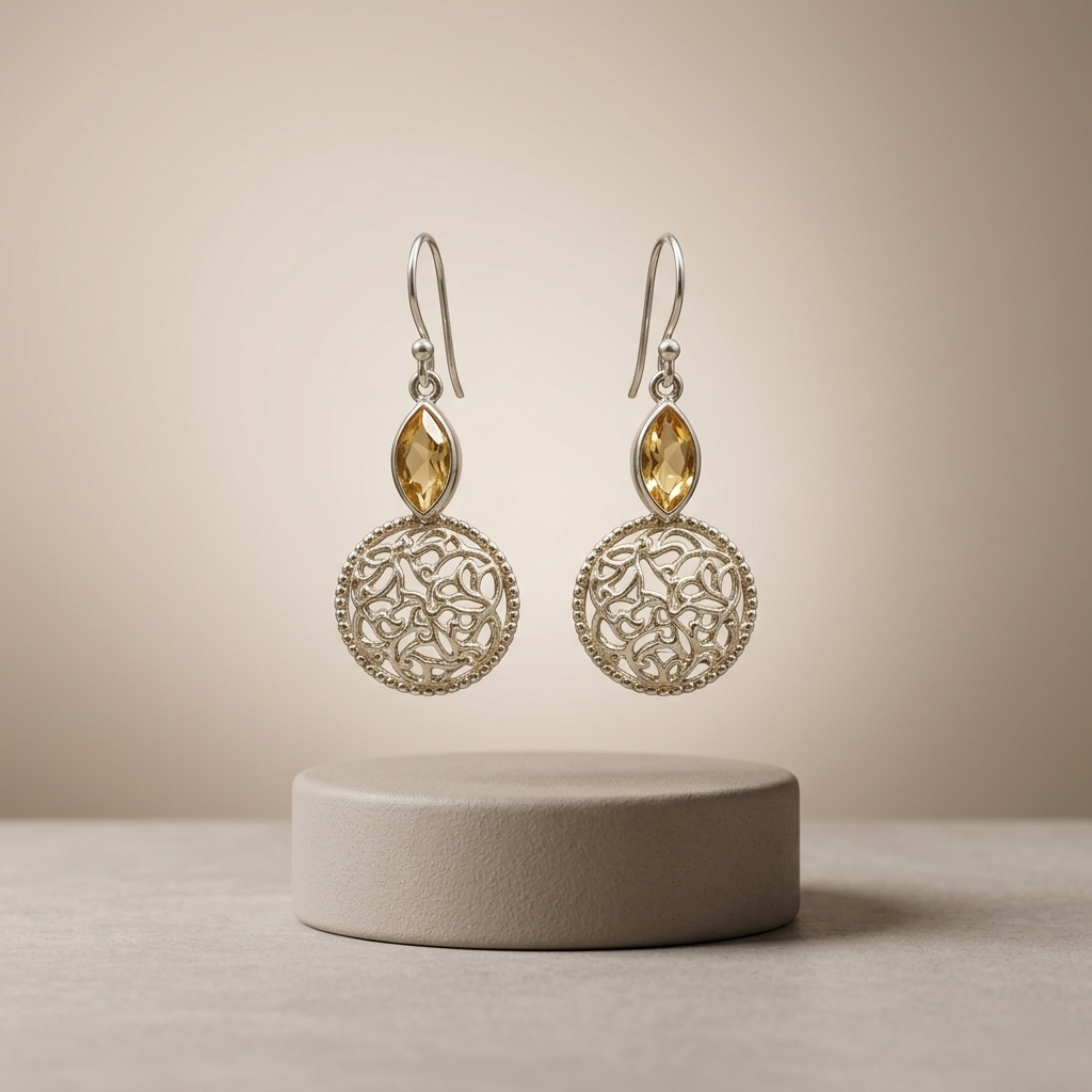 Vintage Silver Filigree Gemstone Drop Earrings