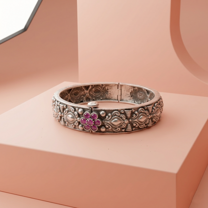 Antique Floral Silver Kada Bracelet