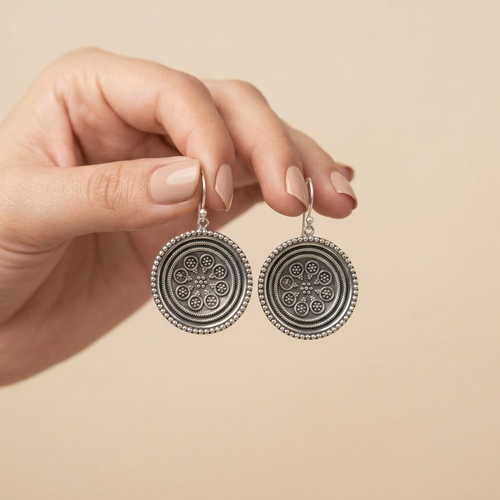 Vintage Mandala Oxidized Silver Drop Earrings