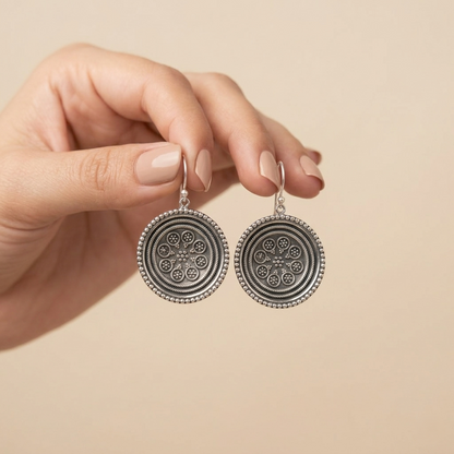 Vintage Mandala Oxidized Silver Drop Earrings
