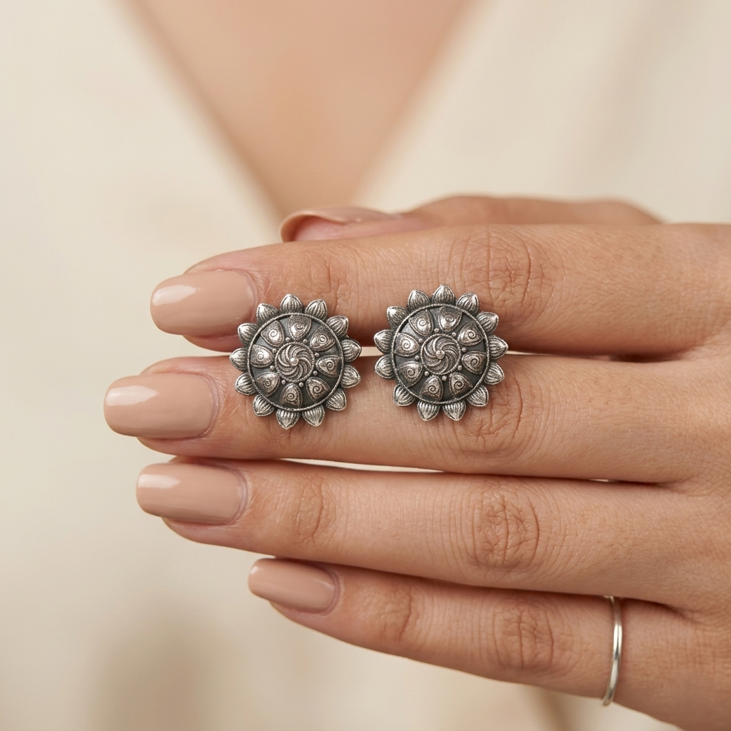 Intricate Floral Oxidized Silver Stud Earrings
