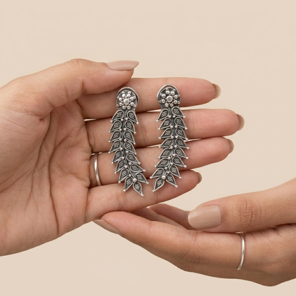 Oxidized Silver Floral Leaf Drop Earrings