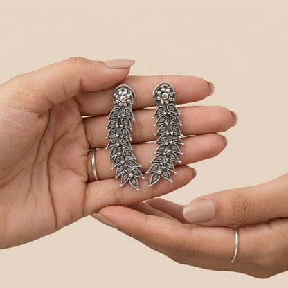Oxidized Silver Floral Leaf Drop Earrings