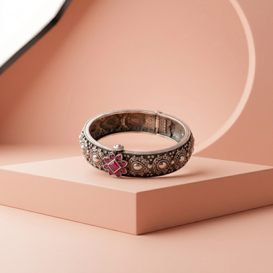 Vintage Floral Ruby 92.5 Silver Kada