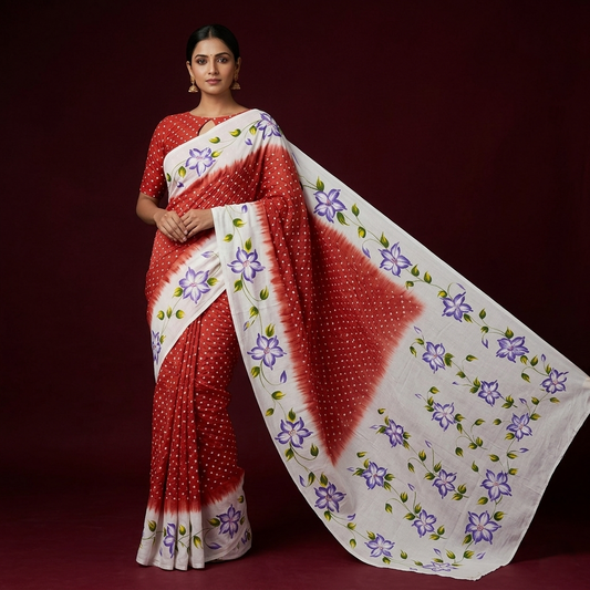 Hand-Painted Floral Bandhani Fusion Silk Saree