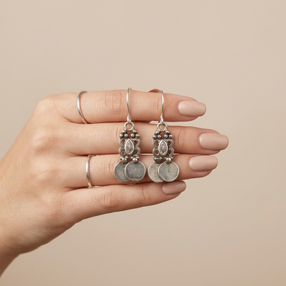 Boho-Chic Leaf & Coin Silver Drops