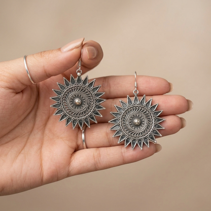 Celestial Sunburst Oxidized Silver Drop Earrings