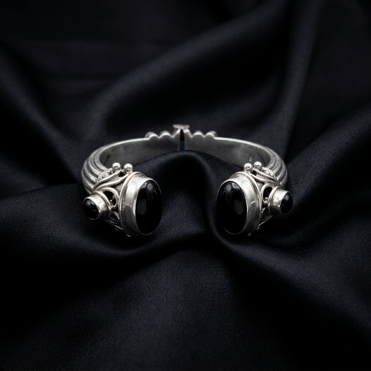 Antique Midnight Onyx Sterling Silver Kada