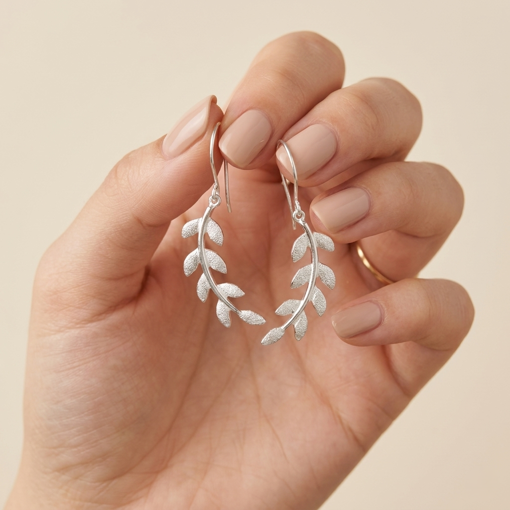 Silver Laurel Leaf Elegant Drop Earrings