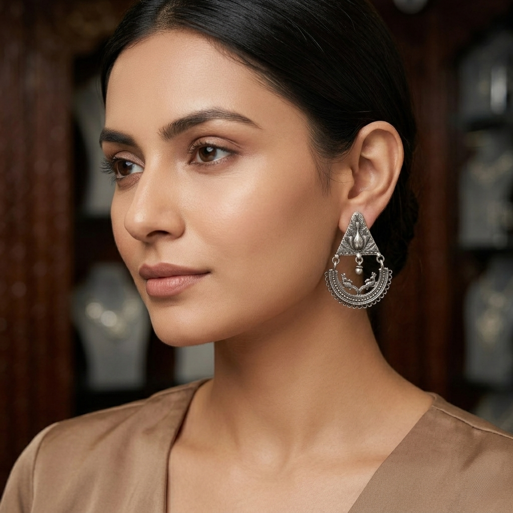 Vintage Oxidized Silver Tribal Peacock Chandbalis