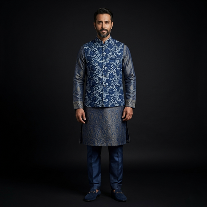 Indigo Silk Heritage Leaf Motif Waistcoat