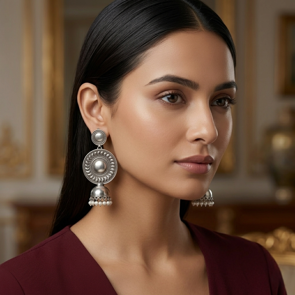 Vintage Oxidized Silver Pearl Jhumka Earrings