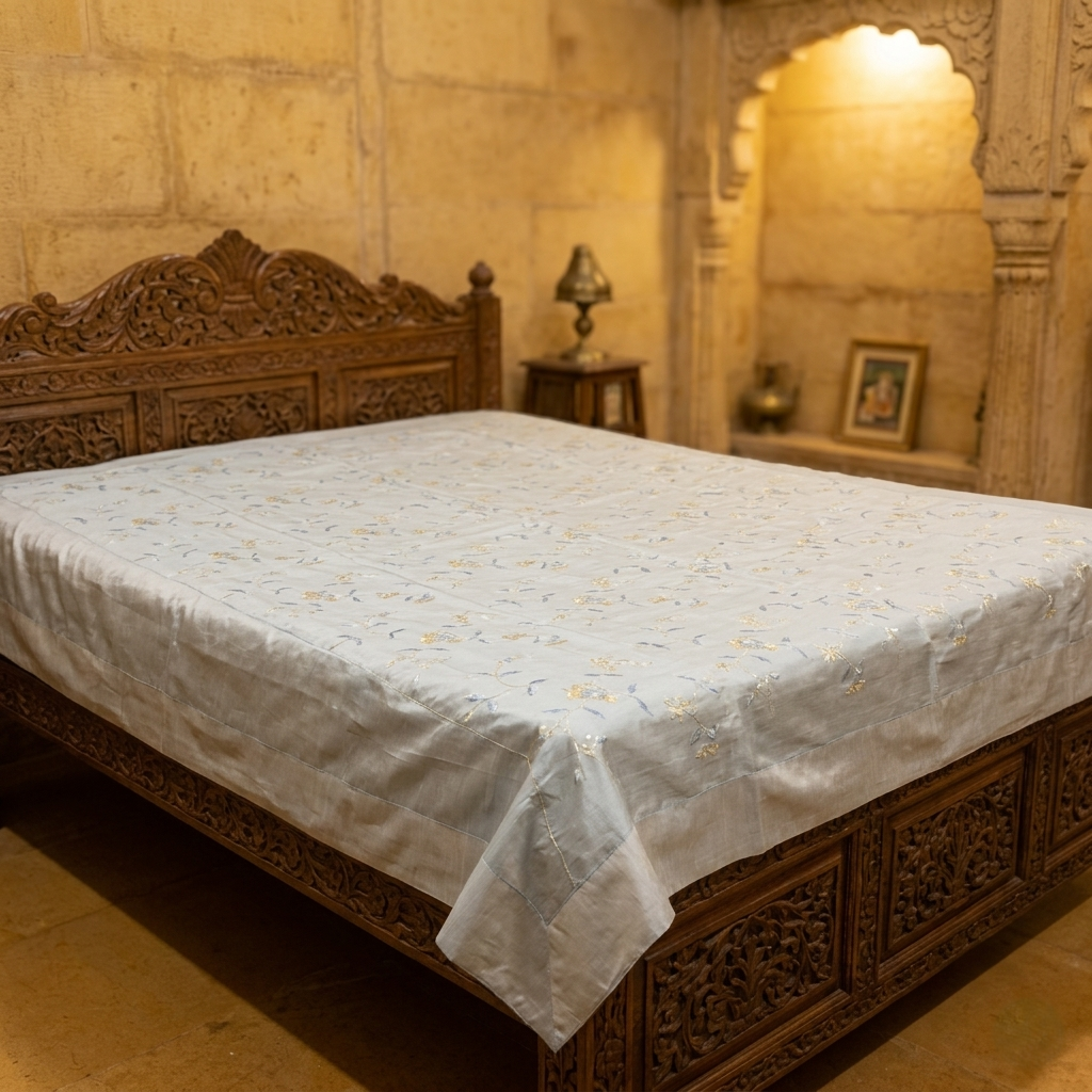 Ivory Chanderi Silk Embroidered Luxury Bedcover