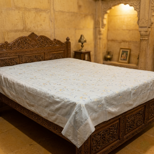 Ivory Chanderi Silk Embroidered Luxury Bedcover