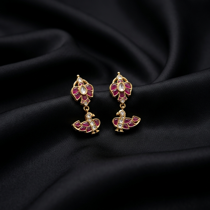 Gold Plated Ruby Bird Silver Earrings