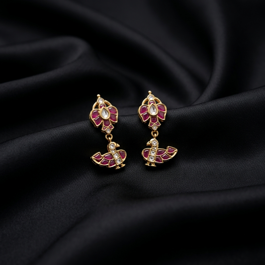 Gold Plated Ruby Bird Silver Earrings