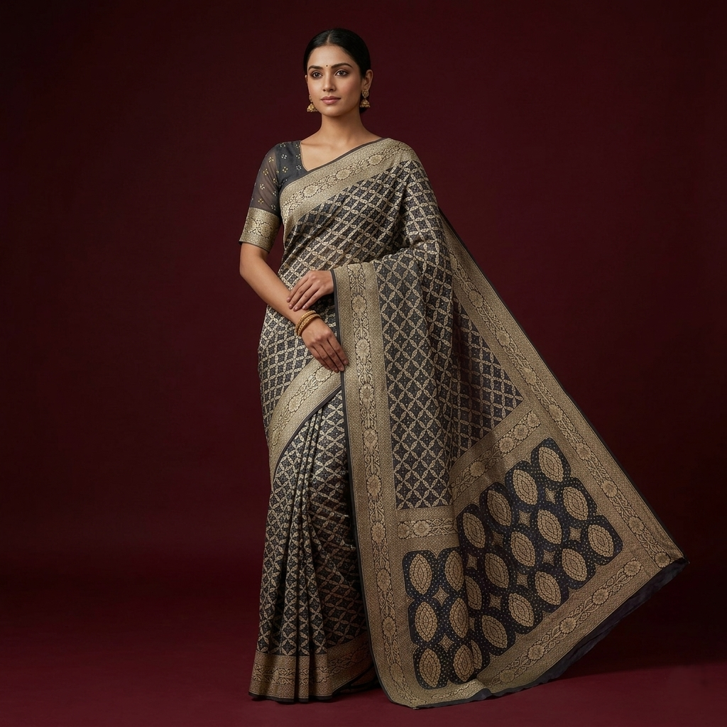 Elegant Charcoal Banarasi Silk Brocade Saree