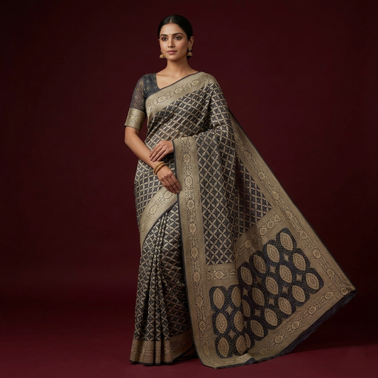 Elegant Charcoal Banarasi Silk Brocade Saree