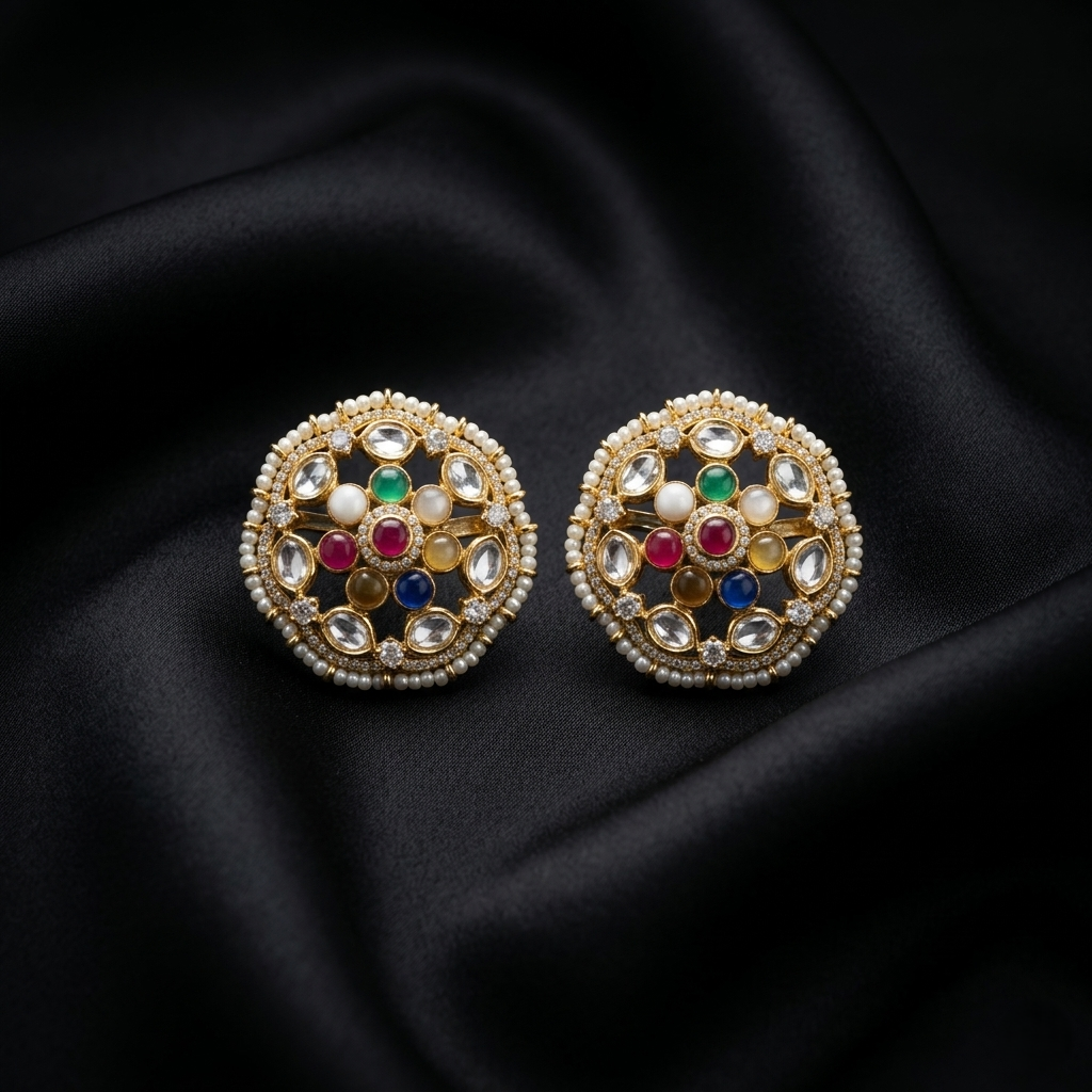 Navratna Inspired Gold Plated Silver Studs