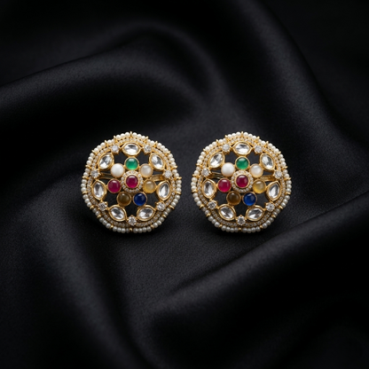 Navratna Inspired Gold Plated Silver Studs