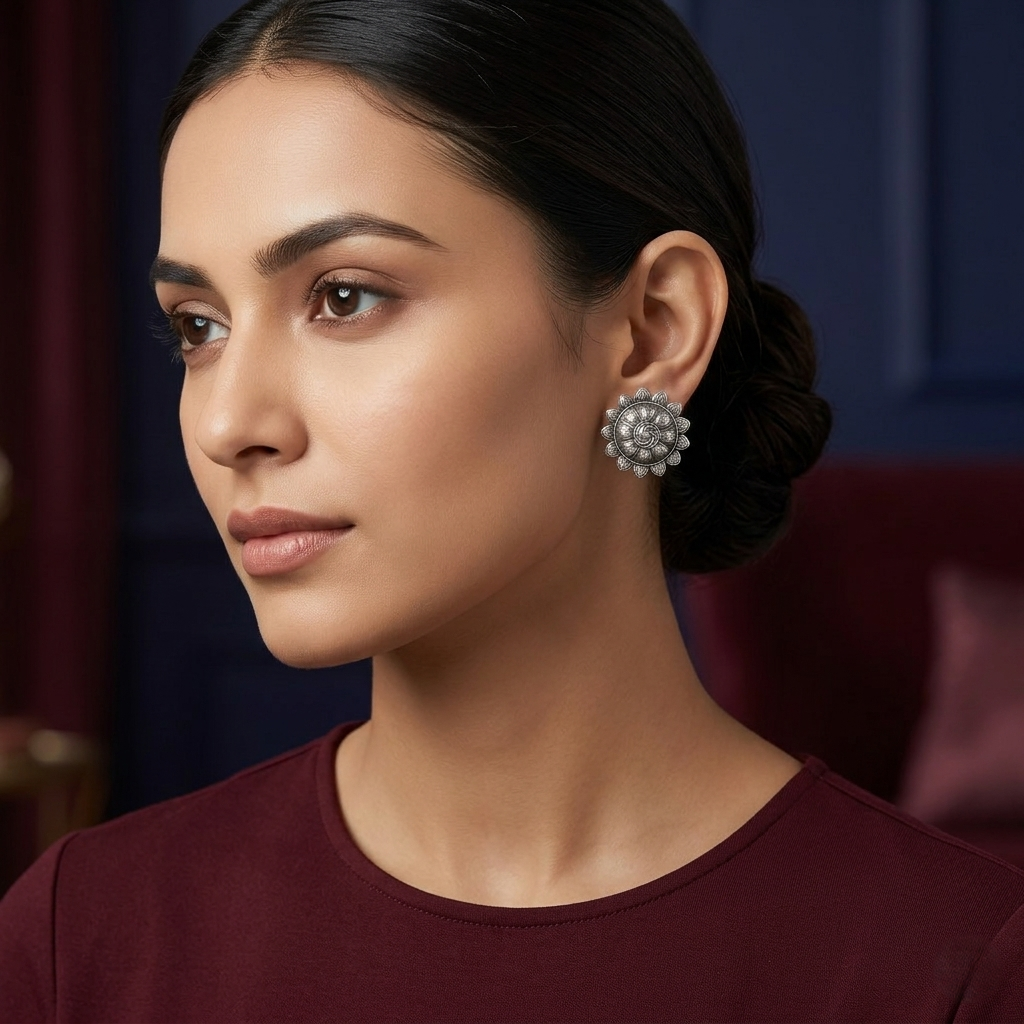 Intricate Floral Oxidized Silver Stud Earrings