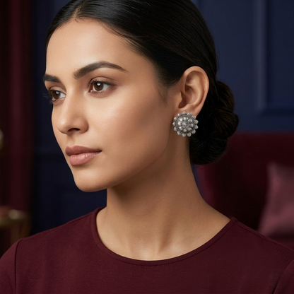 Intricate Floral Oxidized Silver Stud Earrings
