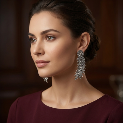 Oxidized Silver Floral Leaf Drop Earrings