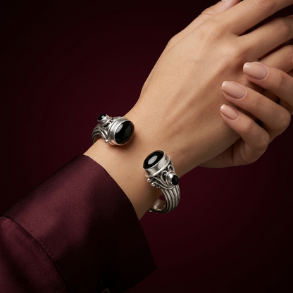 Antique Midnight Onyx Sterling Silver Kada