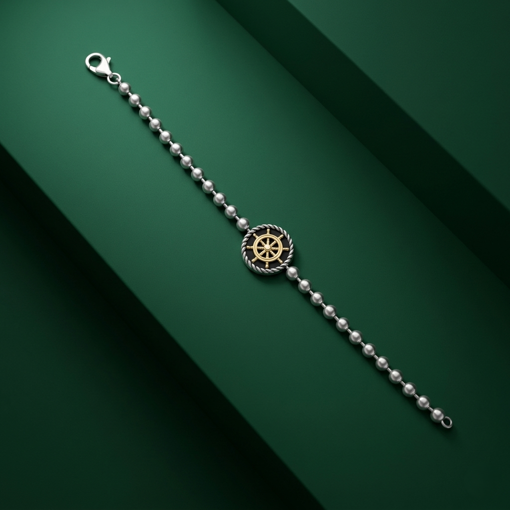 Silver Nautical Wheel Beaded Statement Bracelet