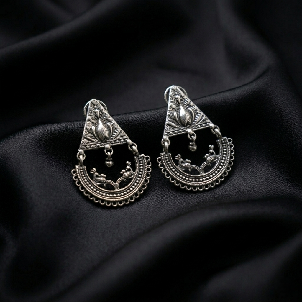 Vintage Oxidized Silver Tribal Peacock Chandbalis
