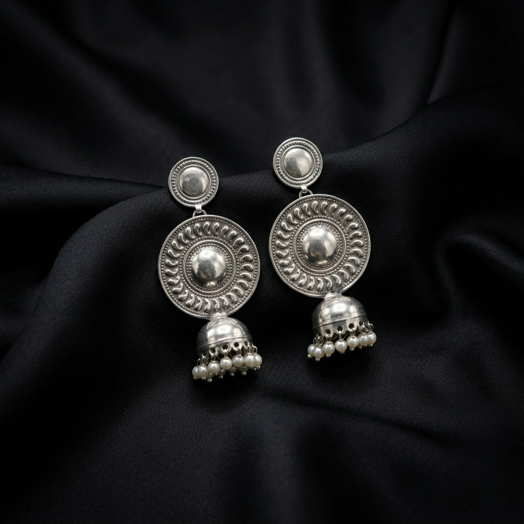 Vintage Oxidized Silver Pearl Jhumka Earrings