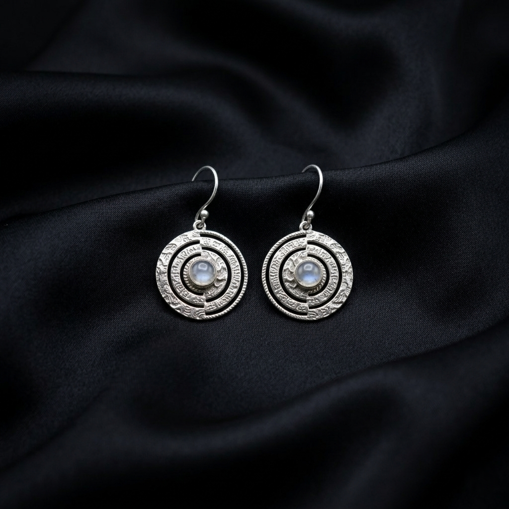 Celestial Moonstone Filigree Silver Drop Earrings