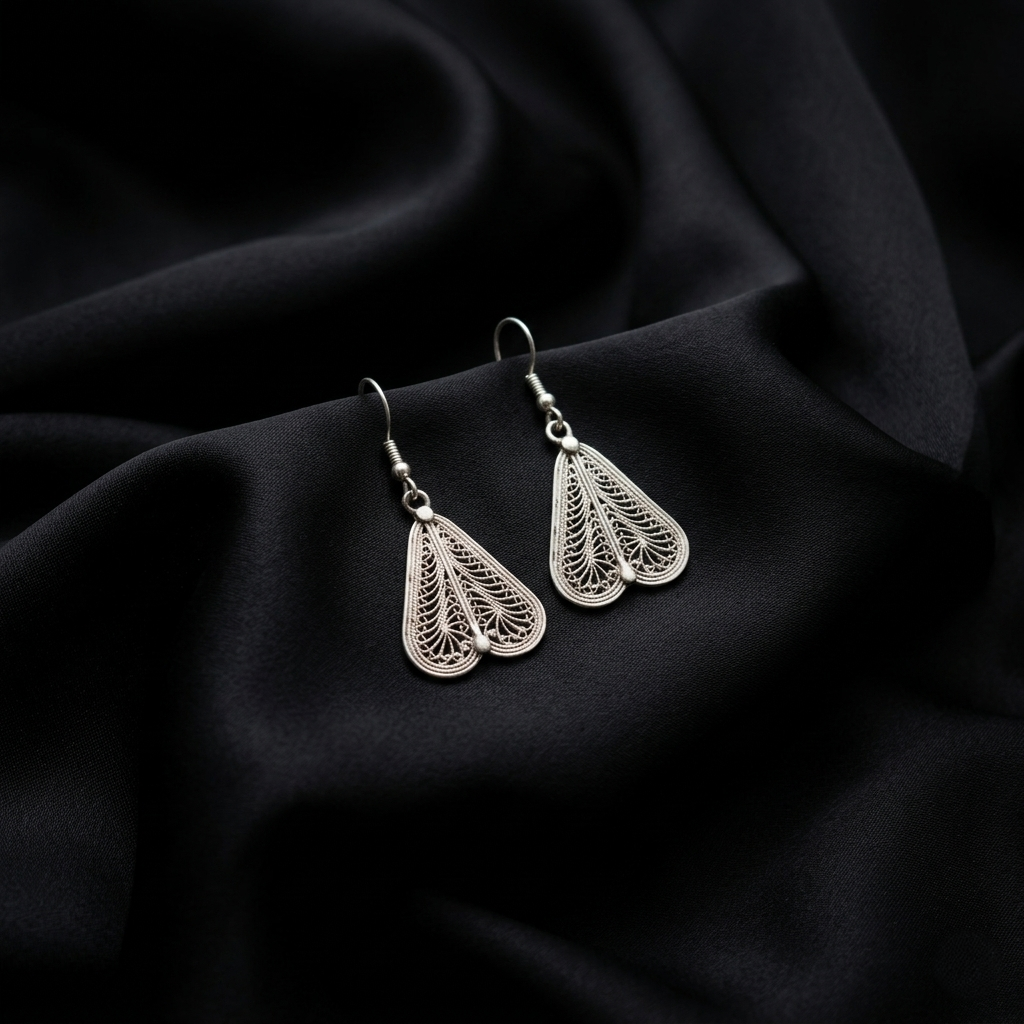 Ornate Silver Filigree Leaf Drop Earrings