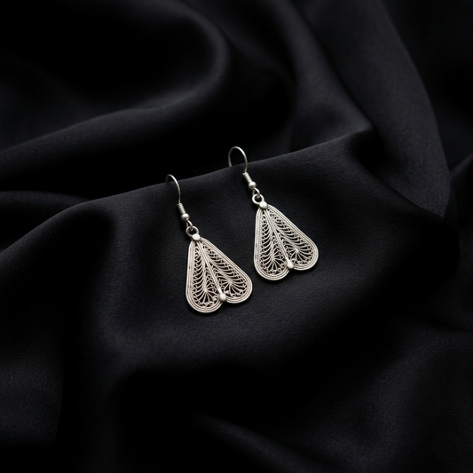 Ornate Silver Filigree Leaf Drop Earrings