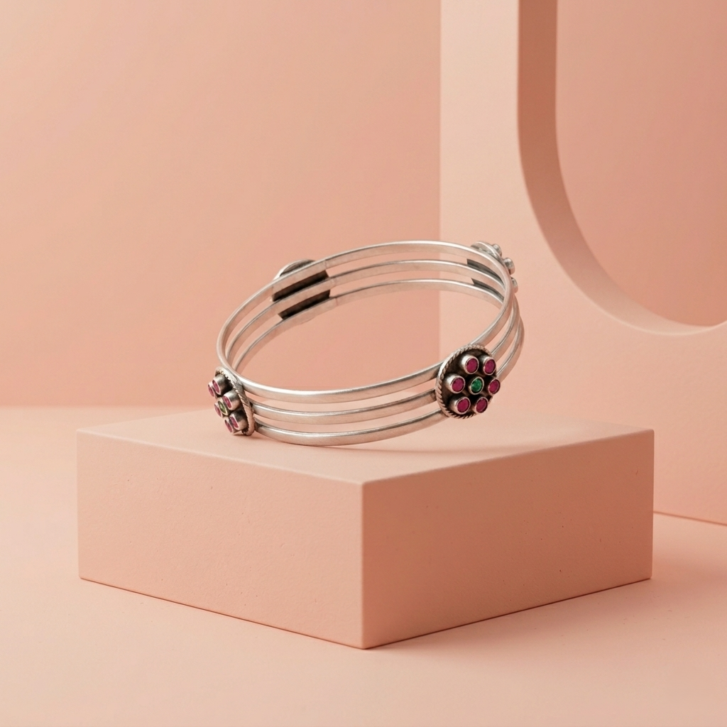Handcrafted Triple-Band Ruby Silver Kada