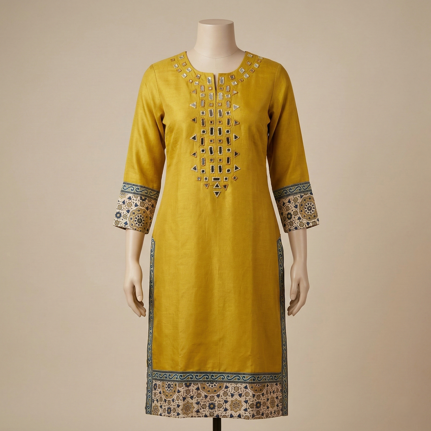 Mustard Mirror Work Kurti