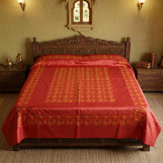 Deep Orange Silk Gold Embroidered Bedcover