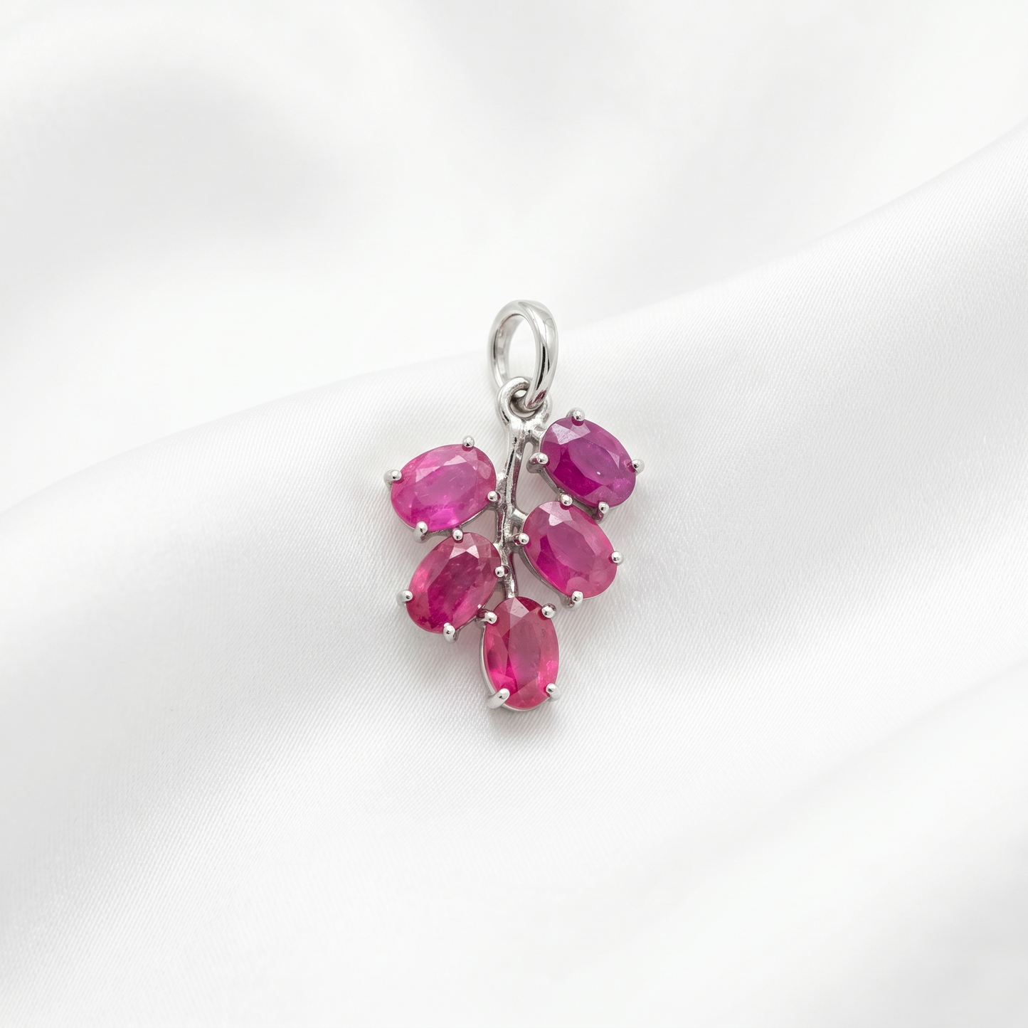 Handcrafted Silver Leafy Ruby Branch Pendant
