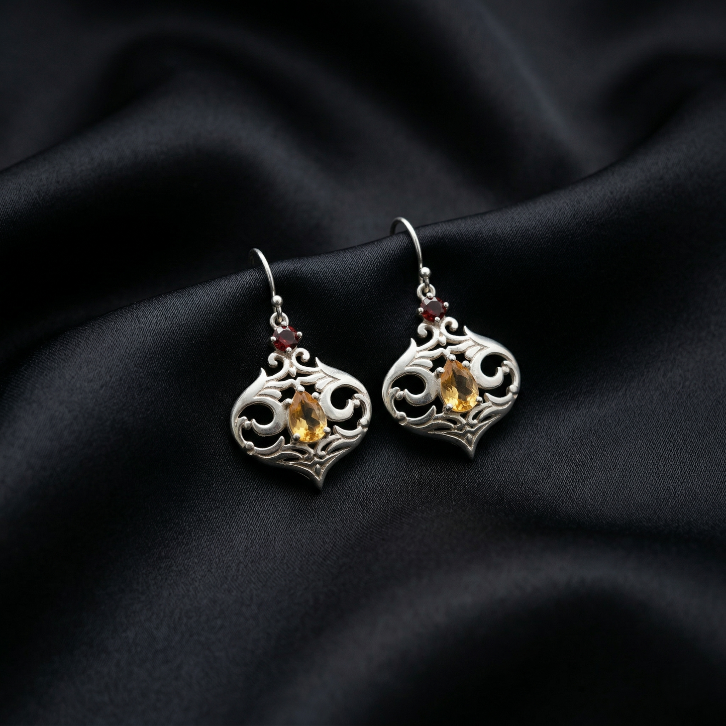 Vintage Silver Filigree Gemstone Drop Earrings