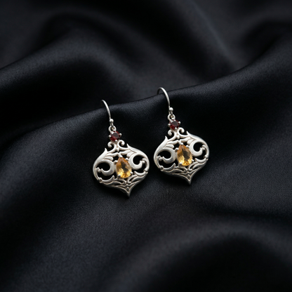 Vintage Silver Filigree Gemstone Drop Earrings
