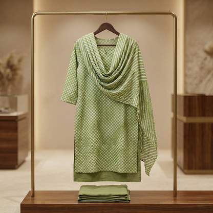 Sage Green Leheriya Unstitched Suit Set