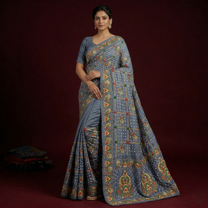 Slate Silk Saree with Gharchola Embroidery