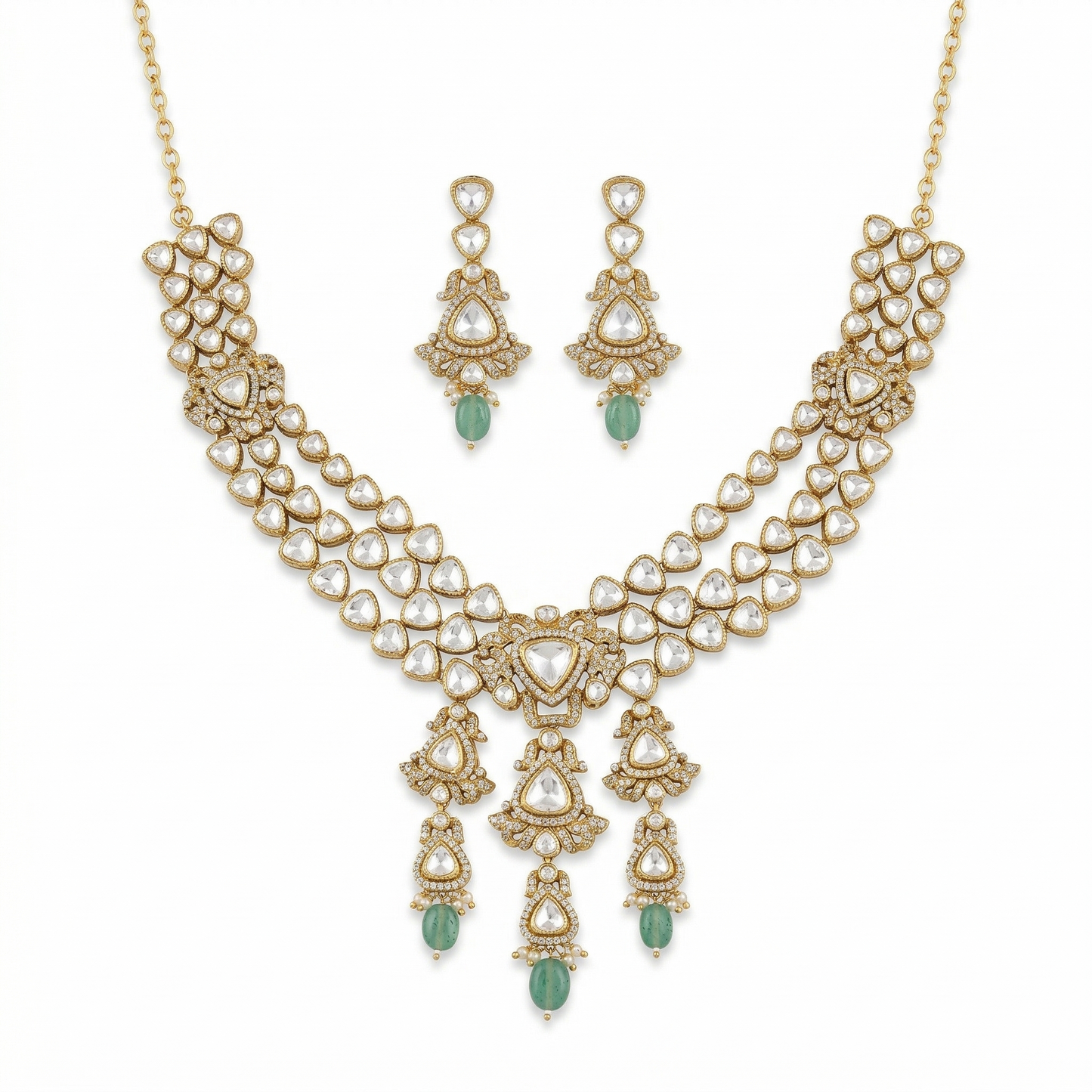 Regal Polki-Style Silver Emerald Necklace Set