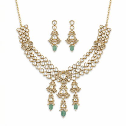 Regal Polki-Style Silver Emerald Necklace Set